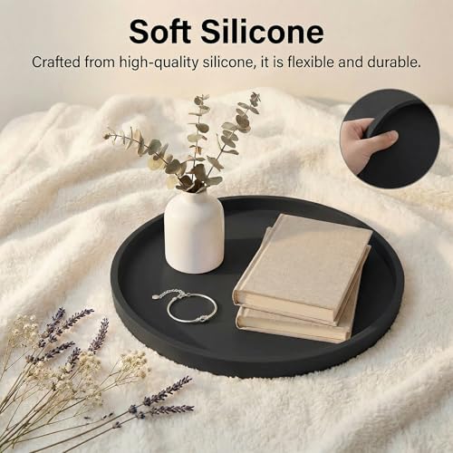 Round Black Silicone Decorative Bathroom Vanity Tray 9 Inch, Counter Tray for Bathroom Countertop Perfume Holder Dresser Organizer Coffee Table Candle, Non-Slip Durable for Home Use - color: Black, size: 9.06