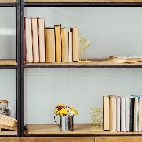 Metal Flower Vase Gold Bookends, Cute Book Ends for Office Home Decor Decorative Gold Book Ends for Shelves, Ideal Gift for Book Lovers