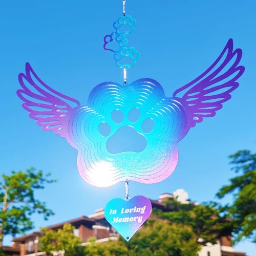 Pet Memorial Wind Spinners, Cat Memorial Gifts,Stainless Steel Angel Wings Pet Paw Print,Dogs and Cats Remembrance, Pet Sympathy,Pet Loss Bereavement Gifts - color: Purple-blue Paw Print