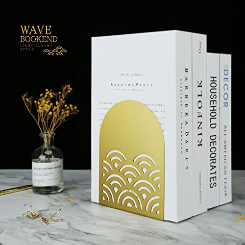 QiMing Ukiyoe Auspicious Clouds Bookends for Books,1 Pair Metal Wavy Pattern Book Holders for Office Shelves Adults & Kids Gift(Gold) - color: Gold