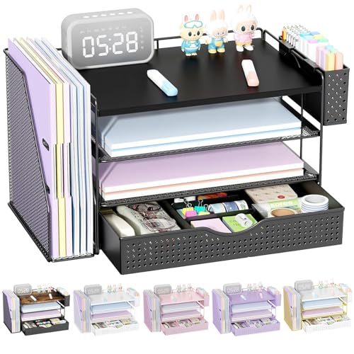 gianotter Wood Desk Organizers and Accessories with File Holder, 4-Tier Desk Accessories & Workspace Organizers with Drawer and Pen Holder, Paper Organizer for Office Supplies (Black) - color: Black