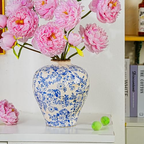 Sungmor Vintage Ceramic Flower Vase - 9.4 Inch Retro Ice Cracked Glaze Chinoiserie Vase, Rustic Farmhouse Home Décor Accent for Dried Flowers, Greenery - Table Centerpieces, Shelf, Mantel Decor - color: Blue&white
