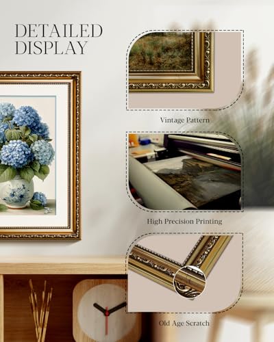 Vintage Blue Hydrangea Wall Art 13x16 Inch Botanical Print, Embossed Gold Framed Traditional Floral Canvas Painting, Classic Flower Vase Artwork Living Room Bedroom Dining Room Entryway Décor - color: Hydrangea, size: 16"L x 13"W