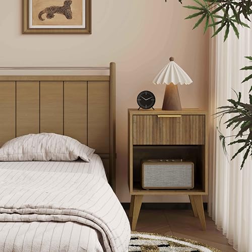 YAUKOMEL Fluted Night Stand with Opening Storage,Mid Century Bedside Table with Drawer,Wood Nightstand with Legs,End Table Side Table for Living Room,Bedroom,Caramel Oak 11.8"Dx15.7Wx 25.2"H CTG56BR - color: Caramel Oak