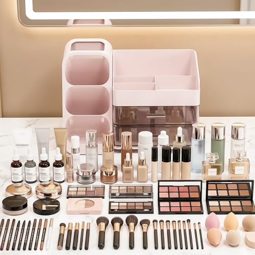 Large Capacity Makeup Organizer Countertop with Makeup Brush Holder for Vanity, Thickened Material, Bathroom Countertop Organizer Skin Care Perfumes Storage, Teen Girl Gifts for 12-23 Year（pink） - color: Pink