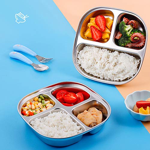 Set of 2 Stainless Steel Dinner Plates 4 Sections Divided Platter Dinner Tray - Lightweight Metal Plate for Adults and Campers, Portion Control Bariatric Weight Loss and Diabetic Diet Plates - size: F4C (4 Sections)