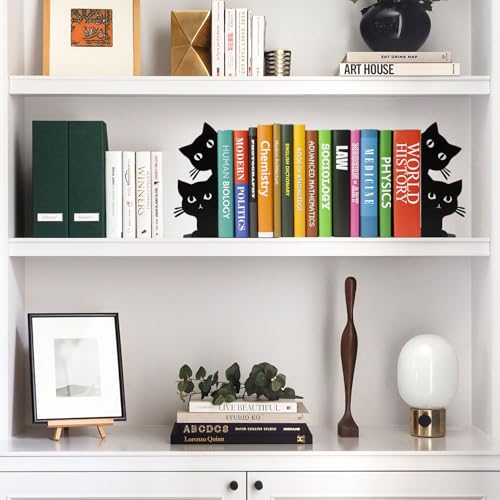 Peeping Cat Bookends for Shelves Decorative, Metal Book Ends for Heavy Books Book Stopper for Office Home Cute Desk Bookshelf Decor Cat Lover Gifts for Women (Black) - color: Black Cat