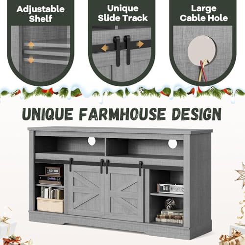 YESHOMY Fireplace TV Stand for Television up to 65+ Inch with Storage and Farmhouse Sliding Barn Doors, Entertainment Center with Cabinet and Shelves, Media Console for Living Room,Gray - color: Grey, style: Sliding Barn Doors Fireplace TV Stand