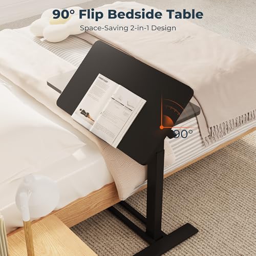 Medical Adjustable Overbed Bedside Table with Casters 90° Tilting Desktop Pneumatic Mobile Rolling Laptop Computer Standing Desk Cart with Tray, Hospital Table(31.5" W x 17.7" D, Black) - color: Black, size: 3218