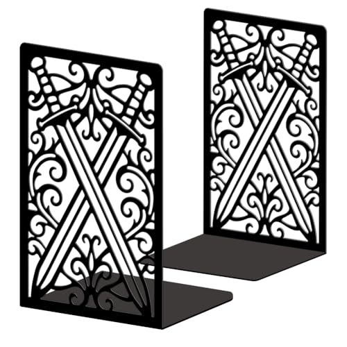 Peacoblue Metal Bookends for Shelves, Modern Decorative Heavy Duty Study Book Ends Stoppers for Office, Desk, Shelf, Room 5.3"x4.3"x7.9" Cast Iron Simple Tall Bookends 1 Pair (Pair of Swords) - style: Pair of Swords and Patterns