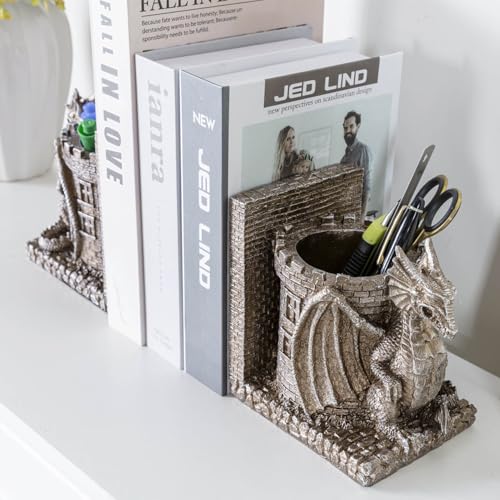 Bookends Dragon,Gothic Brown Resin Dragon Guarding Castle Pencil Cup Bookends, Office Desk Book Ends with Decorative Fantasy Dragons and Stone Tower Pen Holders, 1 Pair - color: Brown