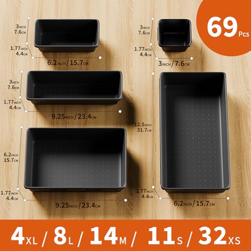 5 Sizes Tool Drawer Organizer - 69 PCS Tray, Desk Drawer & Rolling Tool Chest Organizer (Black) - color: Black