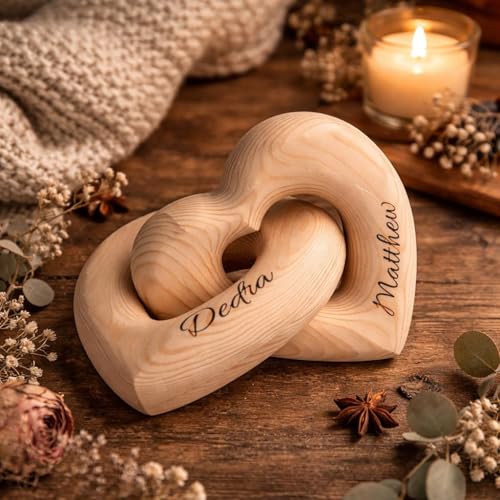 Mother’s Day Father’s Day Gift with Custom Names, Personalized Infinity Heart Sculpture, Interlocking Hearts Decoration Wooden Love Knot Heart Couple Gifts Keepsake Wedding Anniversary Present