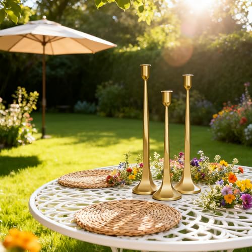 Set of 3 Gold Iron Candlestick Holders – Tapered Candle Holders for 3/4" Candles, Tall Candle Stick Set for Dining Table, Wedding, and Home Décor - color: Gold