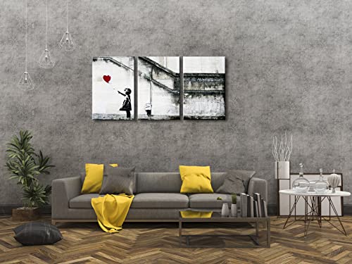 Wieco Art Banksy Grafitti Girl with Red Balloon Modern 3 Piece Famous Canvas Paintings Wall Art Inspirational Grey Love Pictures Print Artwork for Dining Room Kitchen Home Office Decor - color: Girl with Red Balloon, size: 16 x 24 inches (Unframed)