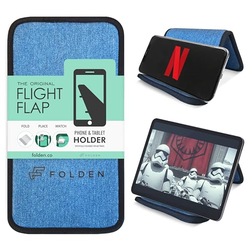 Flight Flap Airplane Phone Holder, Flexible Cell Phone Holder, Folding Cellphone Stand for Desk, Bed, Office, Treadmill - Airplane Gadgets for Long Travel Accessories - Plane Essentials (Blue Denim) - color: Denim, size: Large