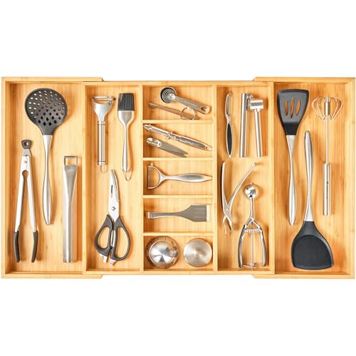 Umilife Extra Large Expandable Kitchen Drawer Organizer for Utensil and Junk, 19" Deep for Big Drawer, 19" to 33" Adjustable Bamboo Wood Drawer Divider, Cutlery Tray, Flatware Holder - style: For Utensil (19"~33" x 19")