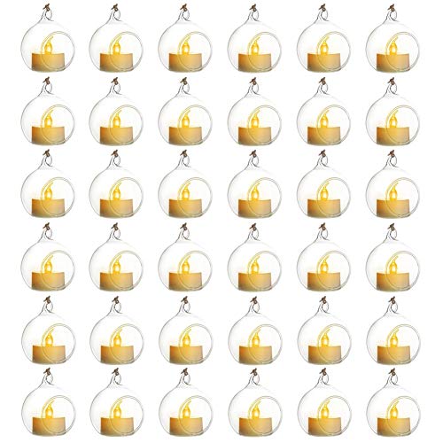 Sziqiqi Hanging Glass Globes Orbs Tea Light Candle Holders with Flameless LED Tealight for Wedding Ornaments, Wedding Birthday Christmas Party Centerpiece Accessory 2.36inch 30pcs +6 Extra - color: With Led, size: 36pcs