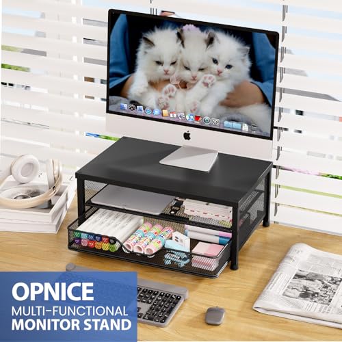 OPNICE Computer Monitor Stand Riser, Desk Organizer with Drawer, Printer & Laptop Stand, Office Desk Accessories & Workspace Desktop Organizers Storage for Office Supplies(Black) - color: Black