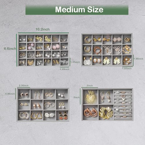 Jewelry Drawer Organizer, 4 Set of Stackable Jewelry Trays for Drawer Inserts Velvet Organizers and Display Storage for Earring Necklace Rings Bracelets (Gray)