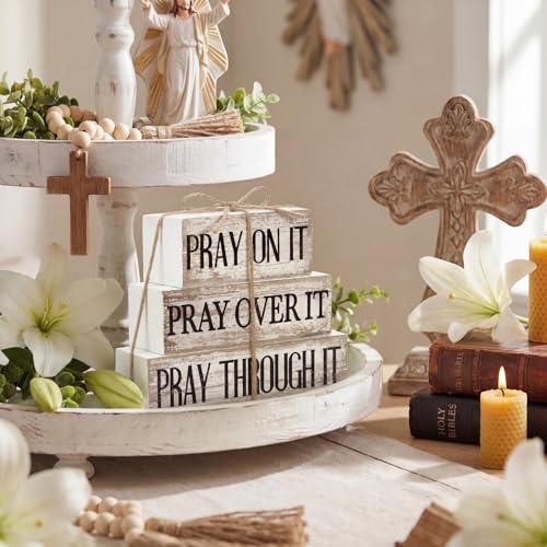 Yuntau 4 Pcs Farmhouse Wooden Tabletop Decor Bible Verse Tiered Tray Decorations Rustic Religious Christian Gift Block Sign Pray on It Centerpiece for Easter Home Kitchen Shelf Office Desk Decor - style: Pray