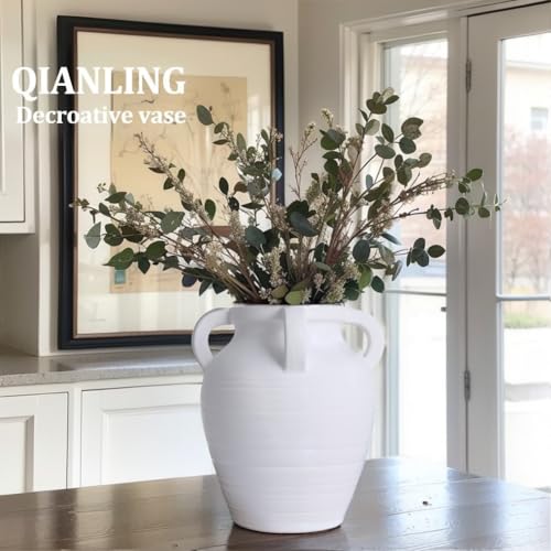 Handmade White Vase - 10" Tall Terracotta Vases with 4 Ear Design, Wide Mouth Vintage Vases, Rustic Antique Decor Matte Finish White Ceramic Vase for Home Decor, Living Room, Table, Fireplace Decor - color: White, size: Large