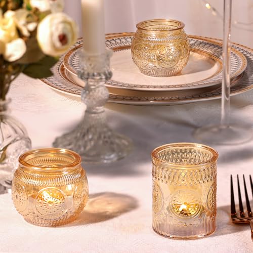 DARJEN 24Pcs Gold Votive Candle Holders - Glass Candle Holder Bulk for Table Centerpiece, Tea Lights Candle Holders for Home, Christmas Party & Wedding Shower - color: Gold