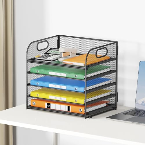 Lavatino 5 Tray Desk File Organizer, Black Mesh Paper Sorter Letter Tray Organizer with Handle, Desktop File Organizer and Storage for Letter/A4 Office File Folder - color: 5 Tier - Black, size: 12.6" x 9.1" x 11.5"