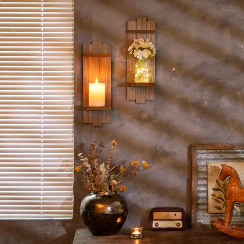 Wall Candle Holder for Farmhouse: Wood Floating Shelves Candle Sconces Wall Decor Set of 2 - Distressed Candle Holders for Small Vase Pillar Candles Tealight - color: Light Brown, size: 15.7in x 5.1in