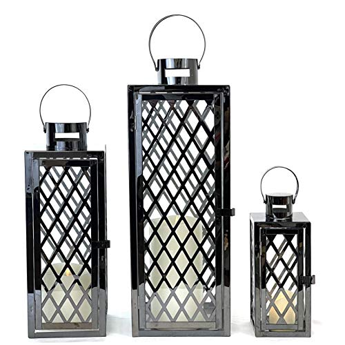 Allgala Lantern Set 3-PC Set Jumbo Luxury Modern Indoor/Outdoor Hurricane Candle Lantern Set with Chrome Plated Structure and Tempered Glass-Diamond Gold-HD88051 - color: Diamond Black