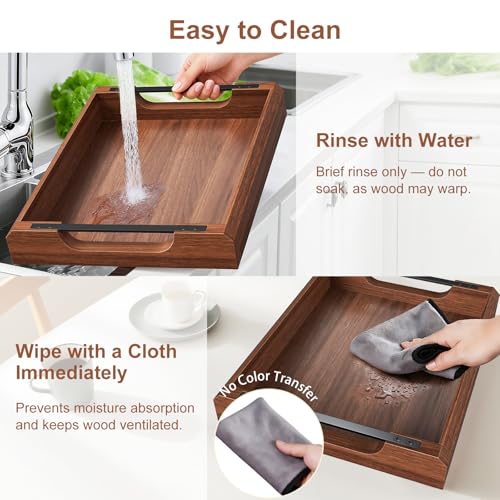 17 Inch Acacia Wood Ottoman Tray for Living Room, Wooden Serving Tray with Metal Handles, Large Serving Trays for Ottoman, Eating Food on Couch, Decorative Trays for Coffee Table, Bathroom, Home Decor