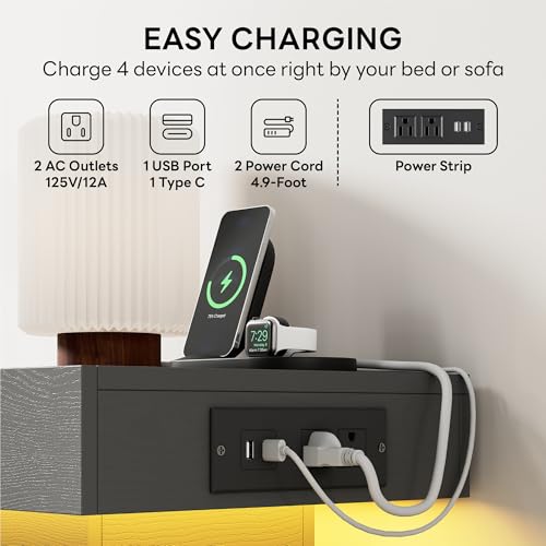 LIKIMIO Night Stand with Charging Station, Modern Grey Nightstand with LED Light and Drawers, Bedside Tables/End Table for Bedroom - color: Grey