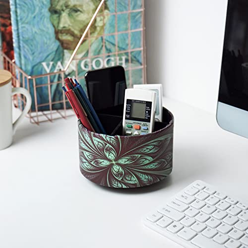 lizimandu Round Leather Art Supply Organizer,Remote Control Holder,360 Degree Rotating,Multi-Functional Pencil Holder,4 Compartments Desktop Stationary Organizer(1-Green Flower) - color: 1-Green Flower