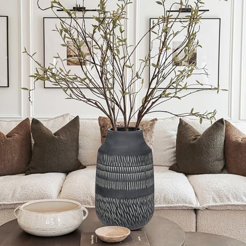11" Rustic Farmhouse Vase with Linear Stripe, Antique Ceramic Vase Handmade in Pottery, Decorative Vintage Style for Home, Living Room, Shelf & Entryway Decor, Dark Gray - color: 11" Dark Gray