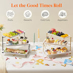 Lifewit 3 Tier Serving Tray, 36 x 17 cm/14 x 6.5" White Plastic Tiered Food Serving Platters, Rotating Tiered Tray Stand for Party with Black Collapsible Metal Stand, Dessert Table Stands for Cookies - size: 14" x 6.5", style: Rotatable