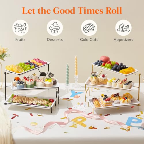Lifewit 3 Tier Serving Tray, 36 x 17 cm/14 x 6.5" White Plastic Tiered Food Serving Platters, Rotating Tiered Tray Stand for Party with Black Collapsible Metal Stand, Dessert Table Stands for Cookies - size: 14" x 6.5", style: Rotatable
