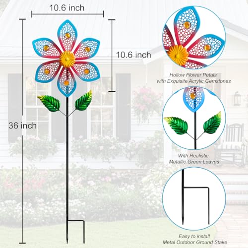 2 Pack Metal Wind Spinners for Garden Decor - Outdoor Windmill Sculptures, Durable Yard Art Wind Spinners Metal Wind Spinner for Patio Lawn Ornament, Vibrant Red & Blue Garden Spinners - color: 2 Paks Blue Red