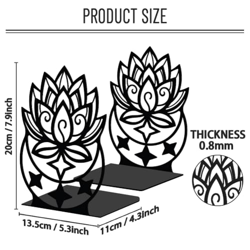 WADORN Lotus Moon Metal Decorative Bookend for Shelves 1 Pair, Heavy Duty Book Ends Unique Non-Skid Books Holder Stand Black Book Support Stoppers for Desk Bookshelf Office Home, 5.3x4.3x7.9 Inches - color: Lotus