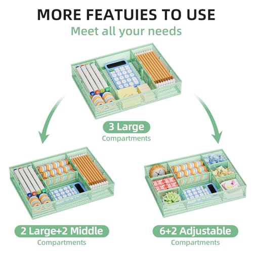 Marbrasse 2 Pack Desk Drawer Organizer, Mesh Drawer Organizer Tray with 8 Adjustable Compartments, Desk Organizers and Accessories, 5 Dividers Drawer for Office Supplies, Makeup & Vanity (Green) - color: Green