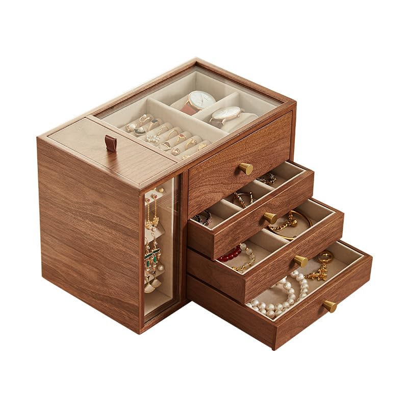 CHOSIN Black Walnut Wooden Jewelry Box for Women Classical Solid Wood 4-Layer Jewelry Organizer Double Sided Visibility Necklace Storage Layer Watch Necklace Ring Earring Mothers Day Gifts for Mom - style: 4 Layer C