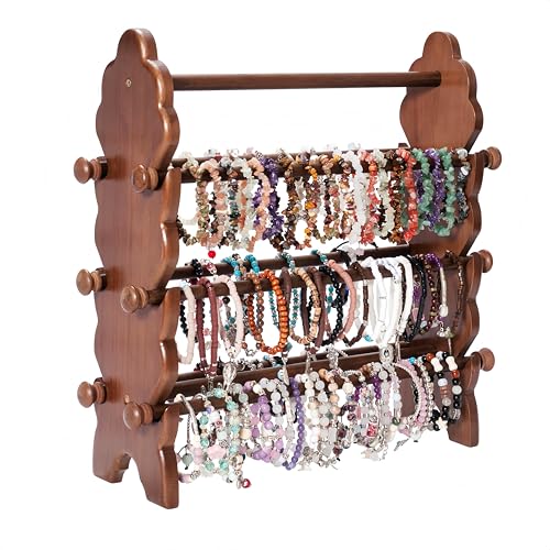 Two-Sided Wooden Jewelry Bracelet Holder Display Stand with 6 Removable Holders - 3 Tier Bar Bangle Organizer Perfect for Organizing and Showcasing Bracelets, Watches, and Accessories - style: 6 Tier-Brown