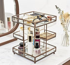 Hersoo 360 Rotating Glass Makeup Organizer, Spinning Vanity Cosmetic Storage with Multi-Layer Compartments, Luxury Countertop Rotating Makeup Holder for Skincare, Perfume, Cosmetics - color: Brass