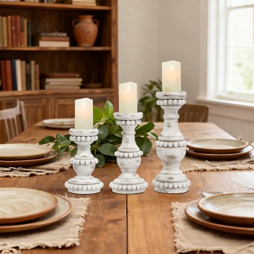 Farmhouse Large Candle Holders for Pillar Candles, Rustic Wooden Beaded Candle Holder, Perfect for Table Centerpieces, Coffee Table or Fireplace Mantel, 3 Piece Set (White) - color: White