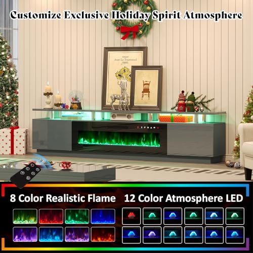 AMERLIFE 90" 2 Tier Fireplace TV Stand with 50" Fireplace, Modern Large Entertainment Center LED Lights, Media Console Table Storage Cabinet for TVs Up to 100", Living Room, Gray - color: Grey, size: 90"