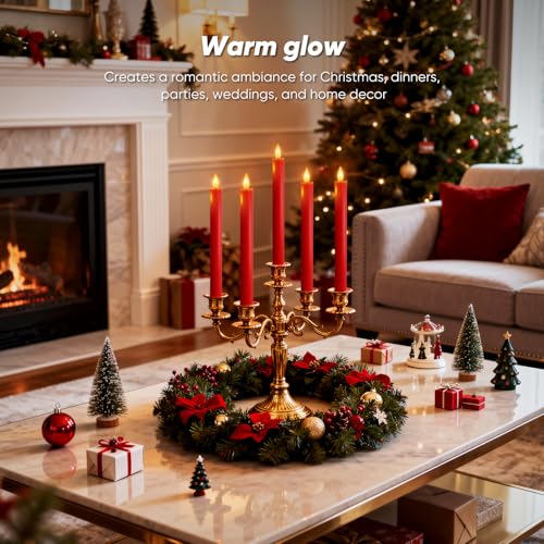 Homemory 6 Pcs Real Wax LED Red Flameless Taper Candles with Remote Timer, 9.6 Inches Fake Candlesticks, Dripless Battery Operated Window Candle with 3D Flickering Flame for Fireplace Xmas Decor - style: Christmas - Red 9.6"