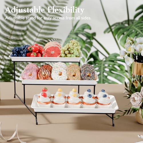 3-Tier Melamine Serving Tray Set, 14"x7" Platters for Serving Food, White Reusable Trays with Black Metal Display Stand for Cupcakes, Sevring Food, Dessert, Fruit, Cookie, Black - color: Black, size: 14" x 7"