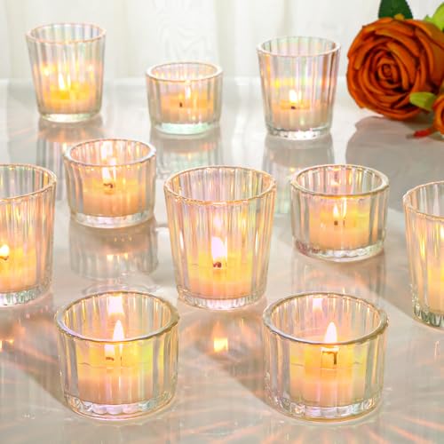 SUPMIND 24 Pcs Ribbed Iridescent Votive Candle Holders - Glass TeaLight Candle Holders for Weddings, Baby Showers, Home Décor, Party Centerpieces, and Table Decorations - color: Iridescent