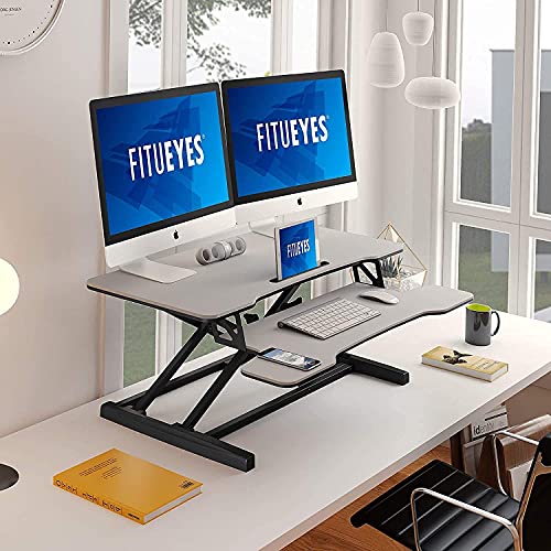 FITUEYES Height Adjustable Standing Desk 36” Wide Sit to Stand Converter Stand Up Desk Tabletop Workstation for Laptops Dual Monitor Riser White SD309103WW - color: White