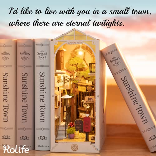 Rolife LED Book Nook Kit-Decorative Bookend Stand-3D Wooden Puzzle for Adults-Bookshelf Insert Booknook-Room Decor for Teen Girls Boys Women Men - color: 2.sunshine Town