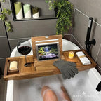 Temple Spring Acacia Wood Bathtub Tray Caddy for Tub — Expandable Bath Tray with Solid Book Stand Wine Holder and Non-Slip Pads — Includes Soap Dish and Spa Accessories — Luxury Hardwood Bath Gift Set - color: Acacia Wood